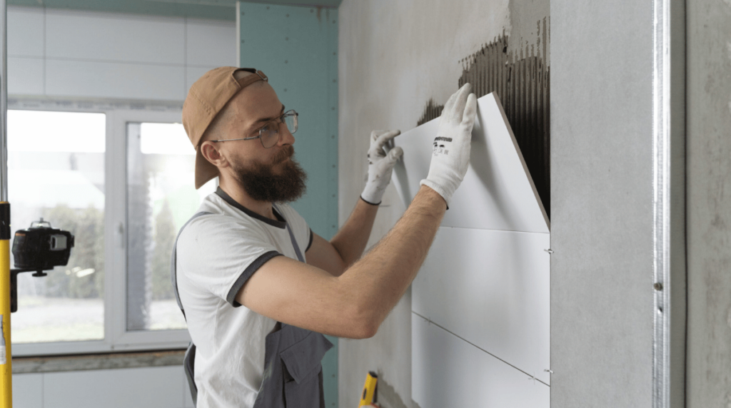 Un homme pose du carrelage à Dunkerque