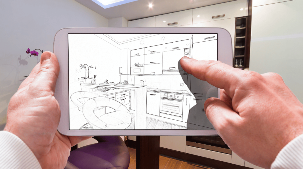 Simulation 3D de rénovation de cuisine à l’aide d’une tablette affichant le projet dessiné